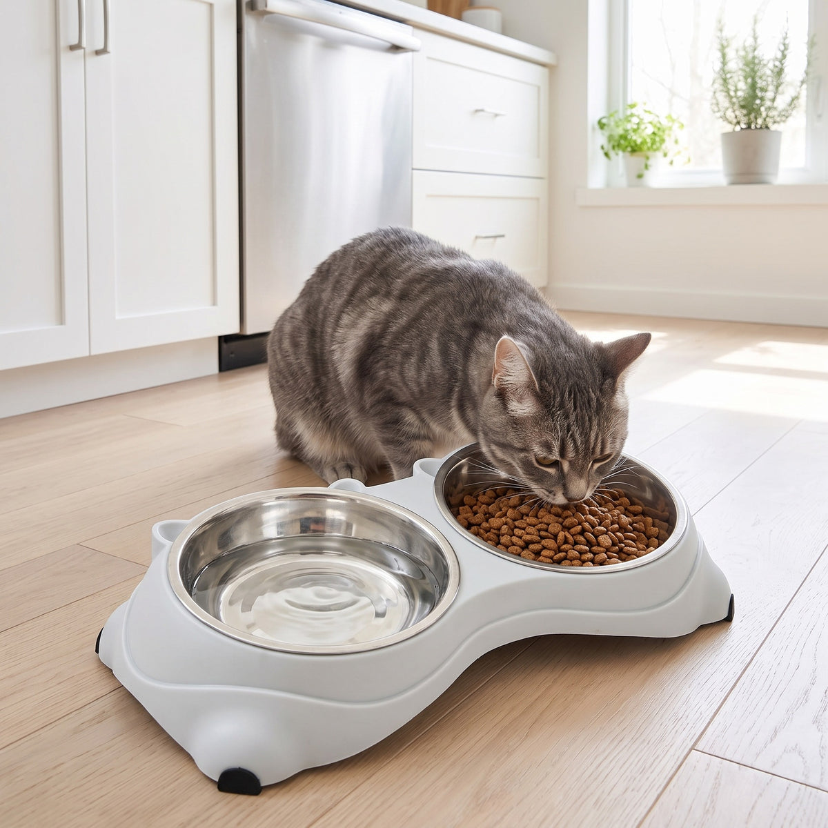 Stainless-Steel Double Cat Bowl with Non-Slip Base