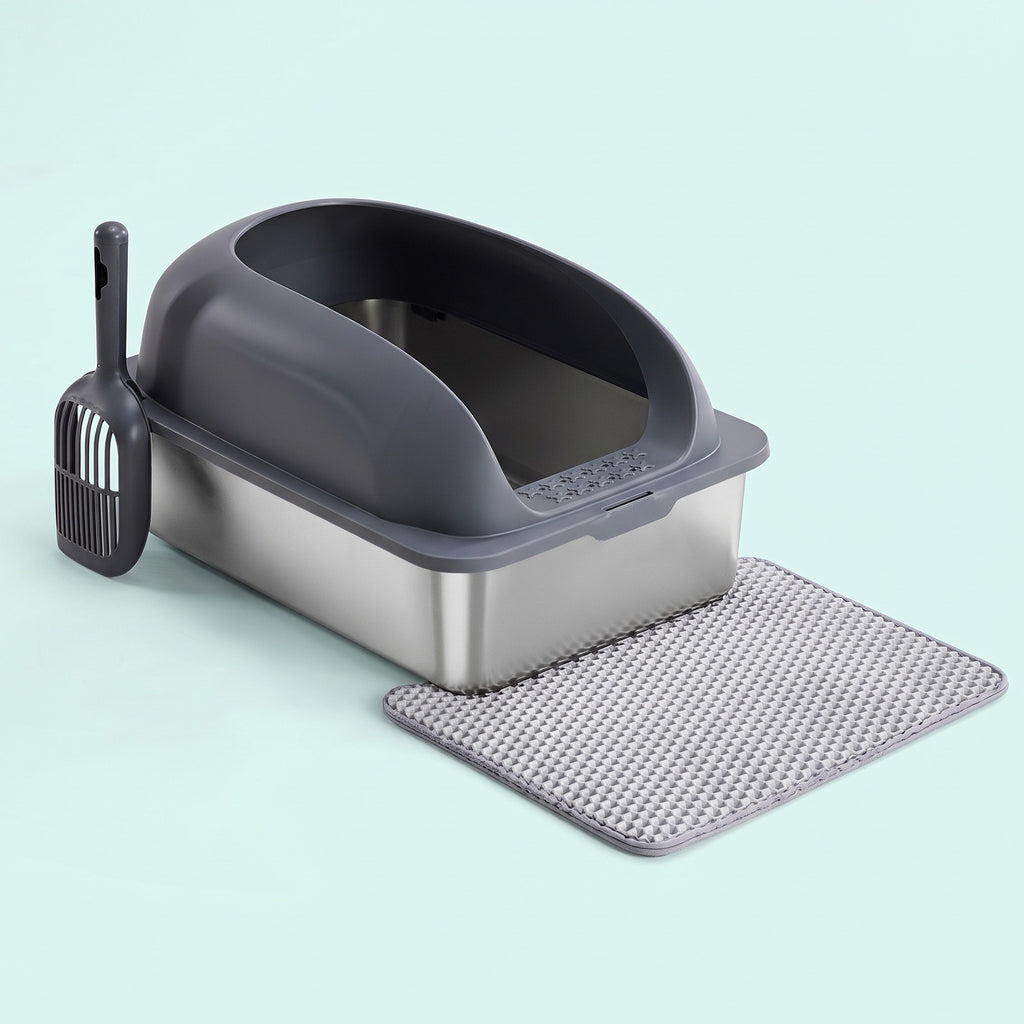 Stainless-steel cat litter box with a dark grey high-sided hood, scoop and litter mat