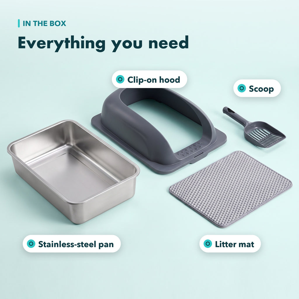 In the box: stainless-steel pan, clip-on hood, scoop and litter mat