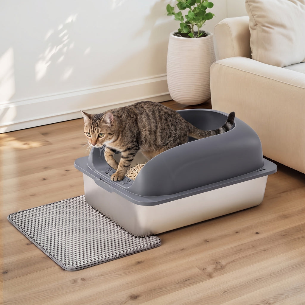 Cat stepping out of the litter box onto the litter mat